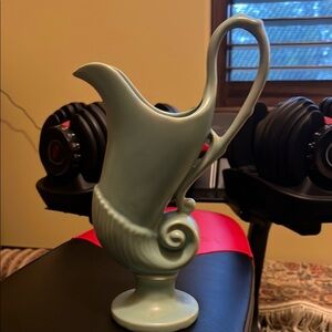 Ornate Green Vase with Curved Handle